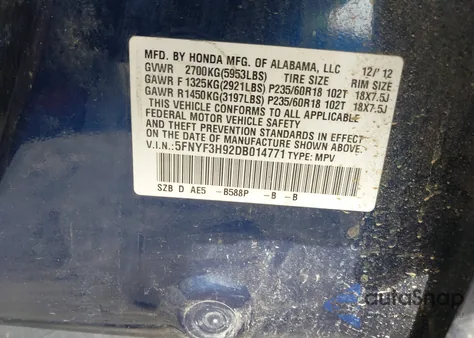 2013 Honda Pilot Touring z USA, uszkodzony, nr VIN 5FNYF3H92DB014771